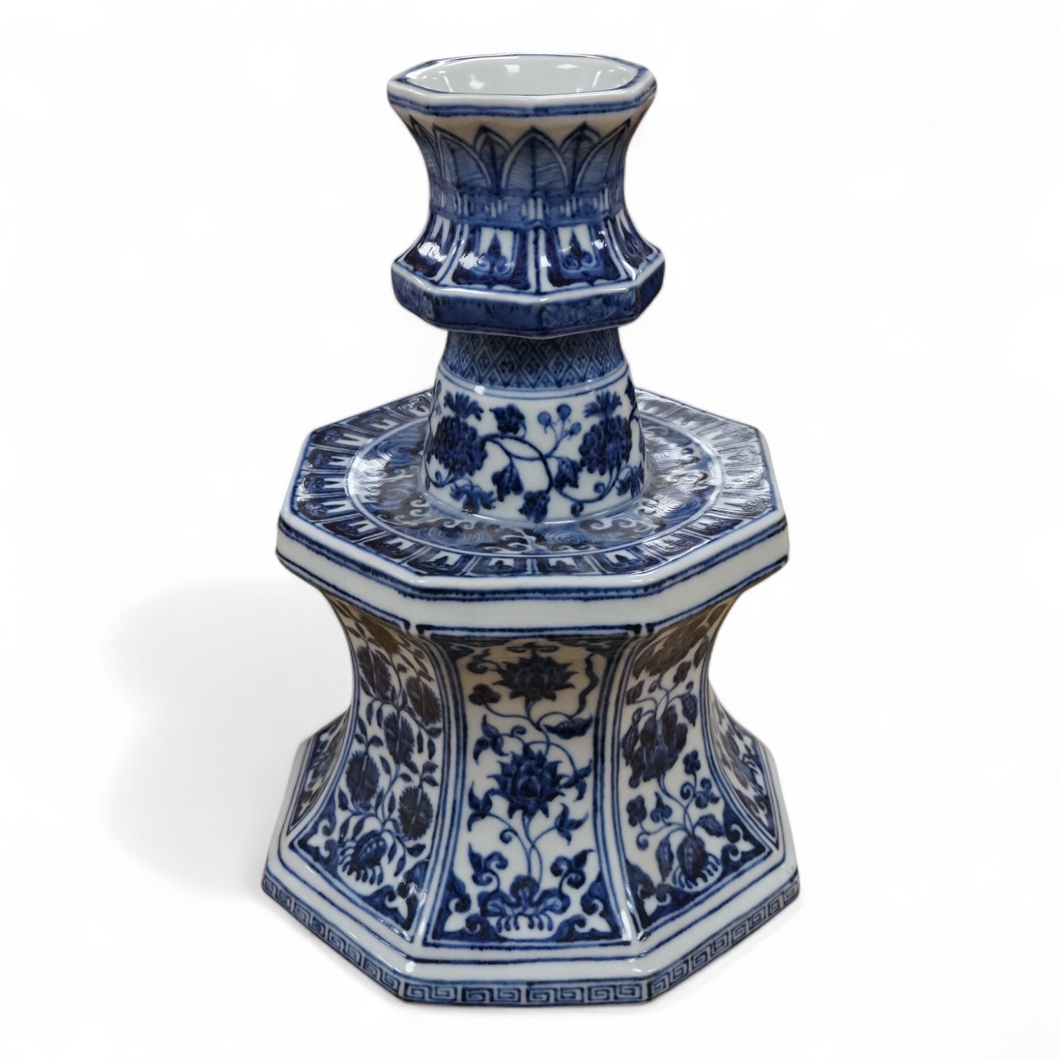 A Chinese blue and white hexagonal candle stand, 29.5cm